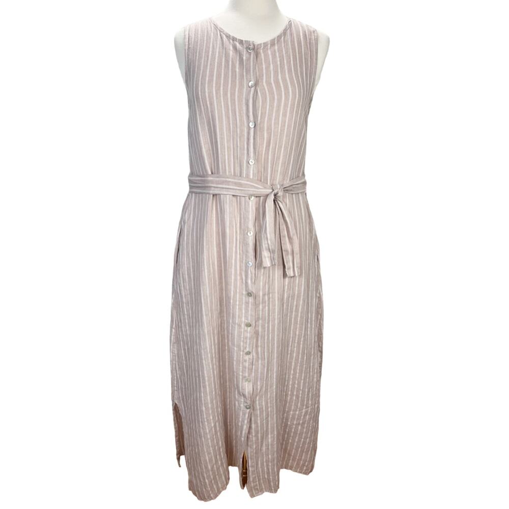 LUNGO L'ARNO | Cream Sleeveless Linen Blend Striped Button Up Maxi‎ Dress